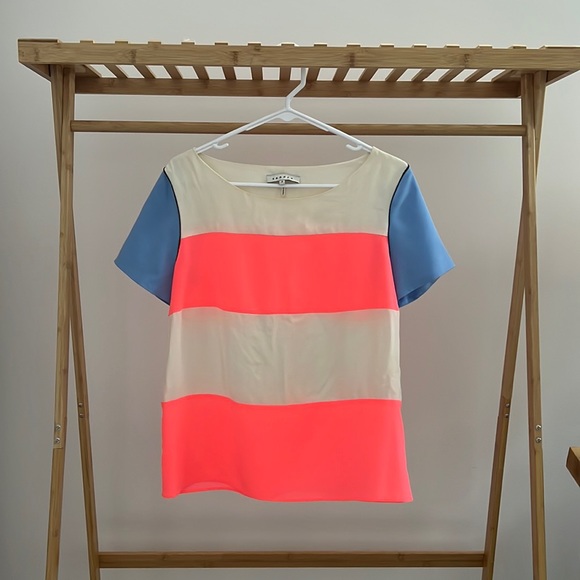 Sandro Striped Silk Tshirt Blouse | designer size 3 | blue, coral + cream stripe - Picture 2 of 7